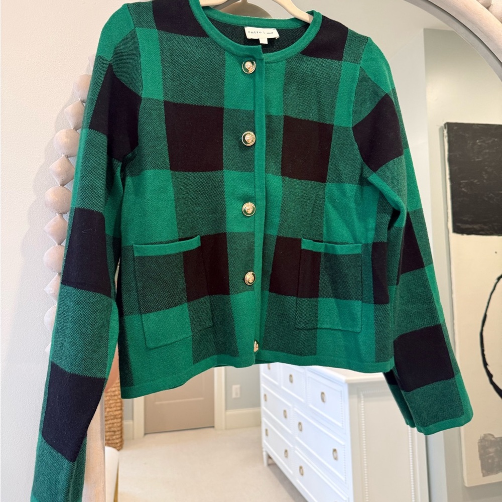 entro Green and Black Plaid Cardigan with Gold Buttons